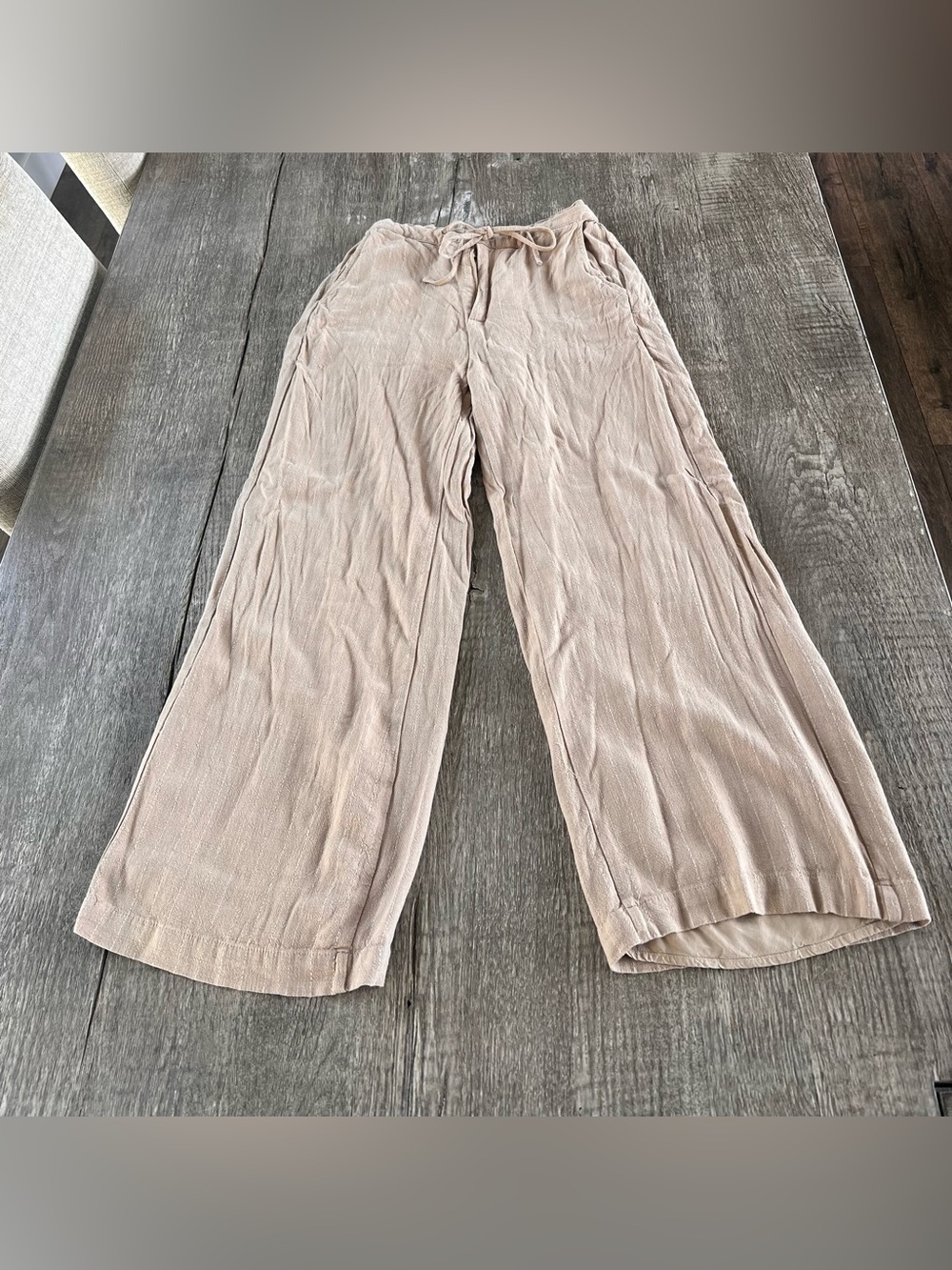 Wishlist Wide Leg Drawstring Pants in Light Beige with white stripes